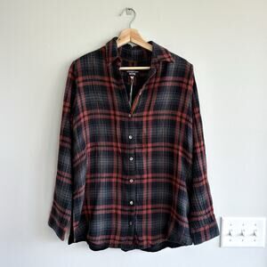 Johnny Was Artemis Velvet Embroidered Back Plaid Button Up Shirt Black Red S NWT